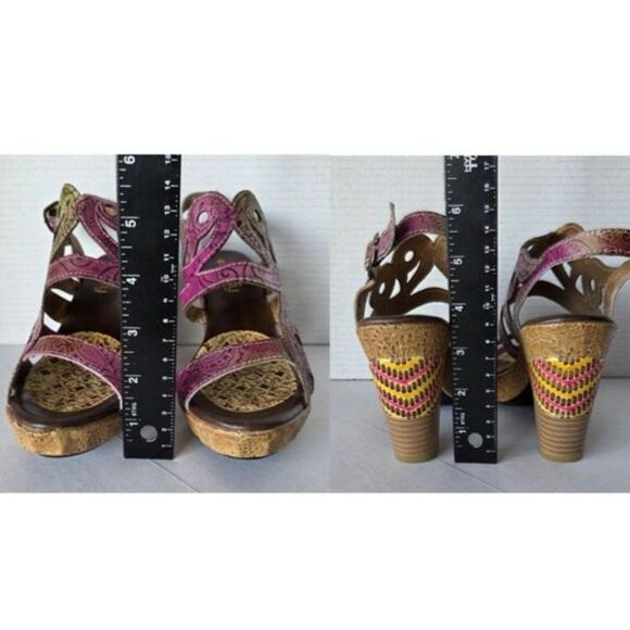 SOCOFY Leather Boho Platform Sandals Pink Floral Tooled Heels Sz 6/36 Artsy Chic - Picture 8 of 8
